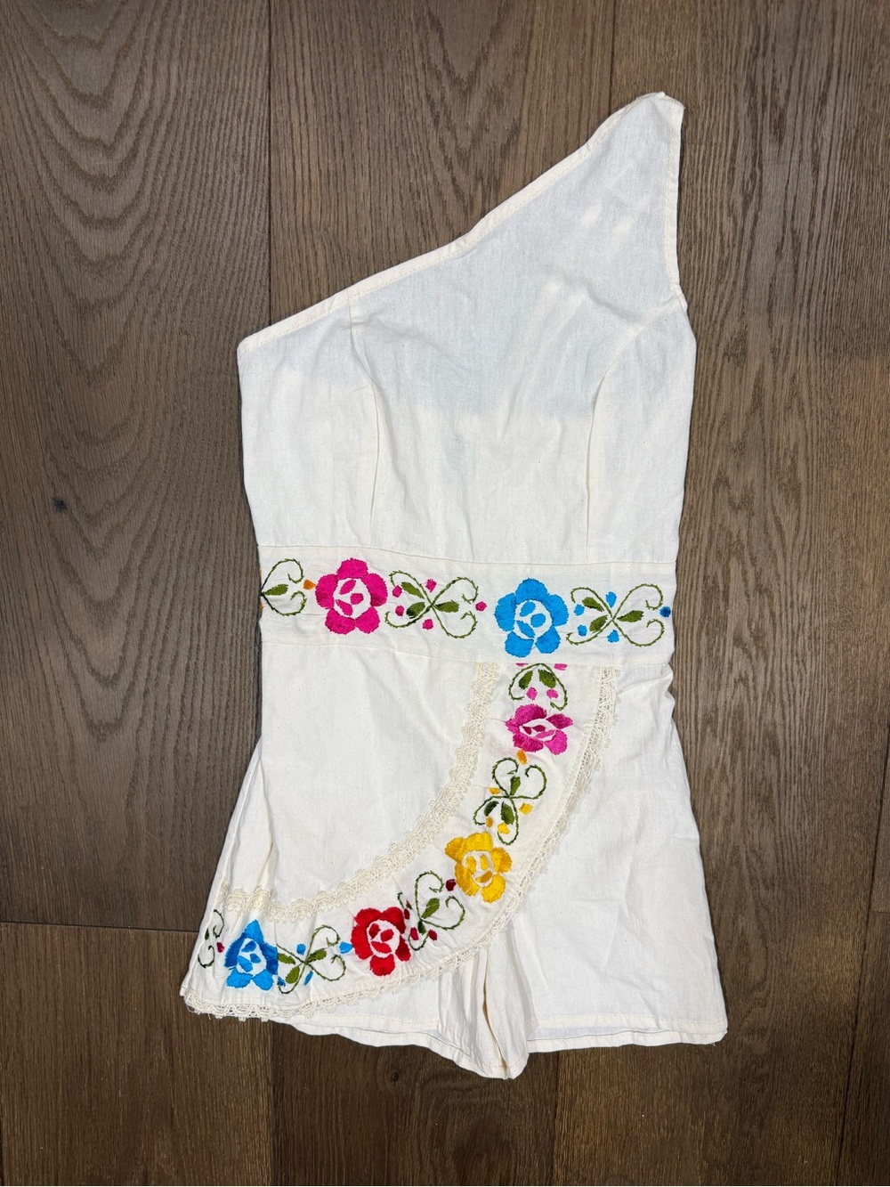 Mexican Embroidered One-Shoulder Romper Skort White Floral Artisan